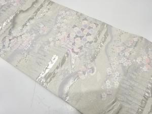 九百錦プラチナ箔　御所車に寺院・草花模様織り出し　袋帯